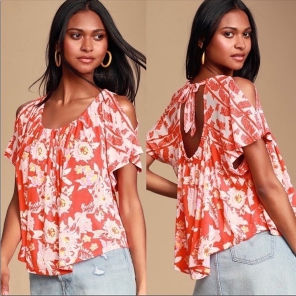 Free People Tops - Free People Baja Babe Red Floral Tie Back Knit Tee – Size Small‎ – NWT